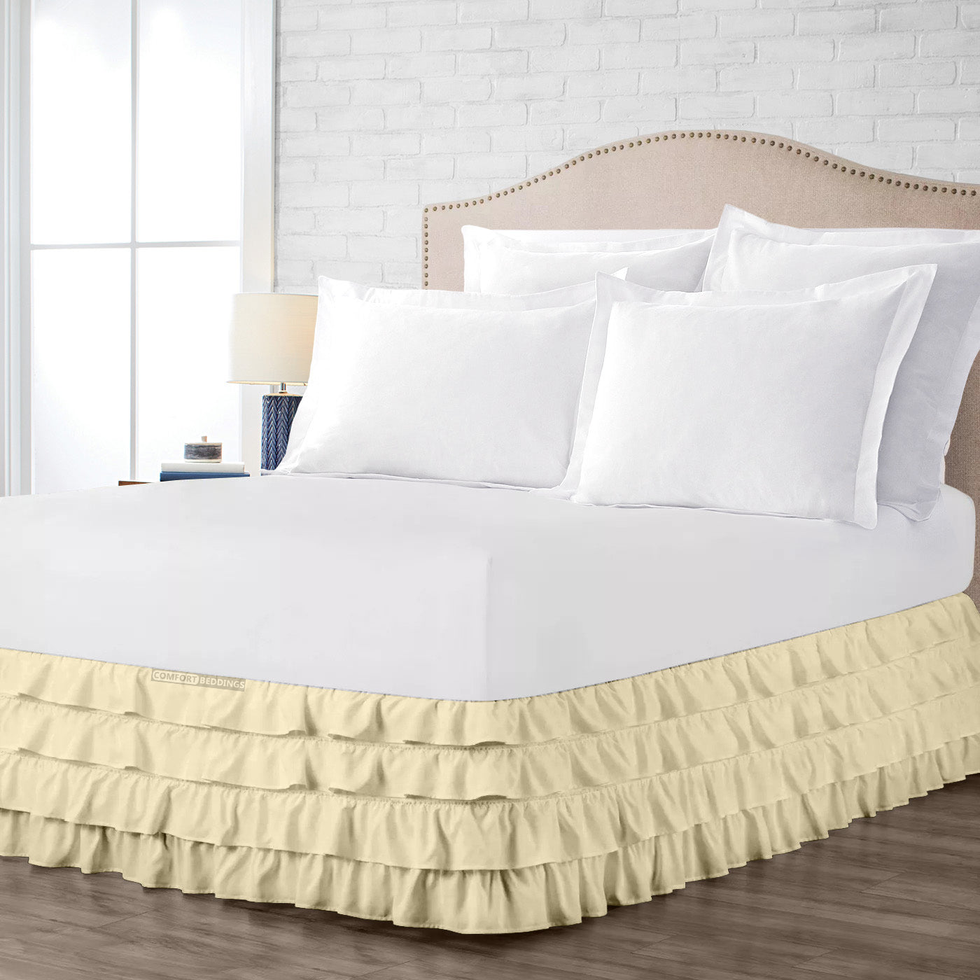 Elegant Ivory waterfall ruffled bed skirt