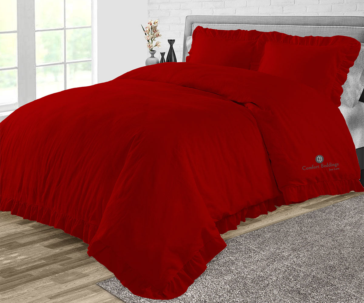 Blood red trimmed ruffle duvet cover set