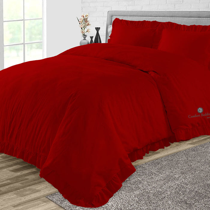 Blood red trimmed ruffle duvet cover set