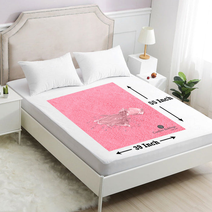 Hot pink waterproof baby dry sheet on a crib mattress