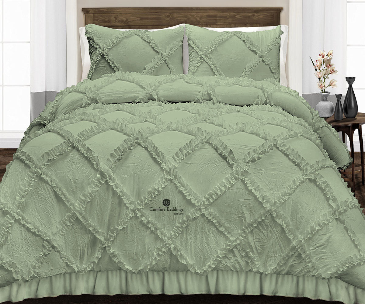 Comfort Beddings Moss diamond ruffled duvet cover set, quilted diamond texture