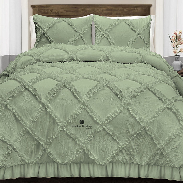 Comfort Beddings Moss diamond ruffled duvet cover set, quilted diamond texture
