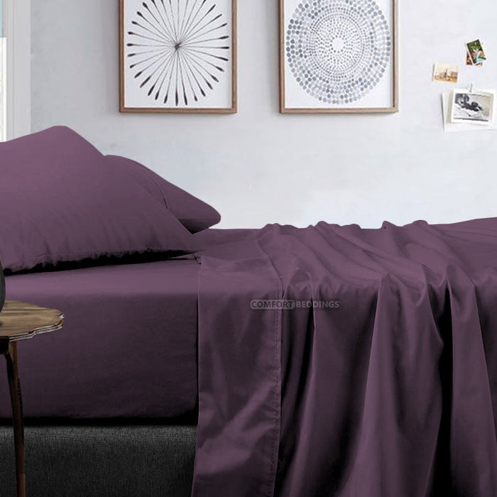 Plum Egyptian cotton bedding on a styled bed