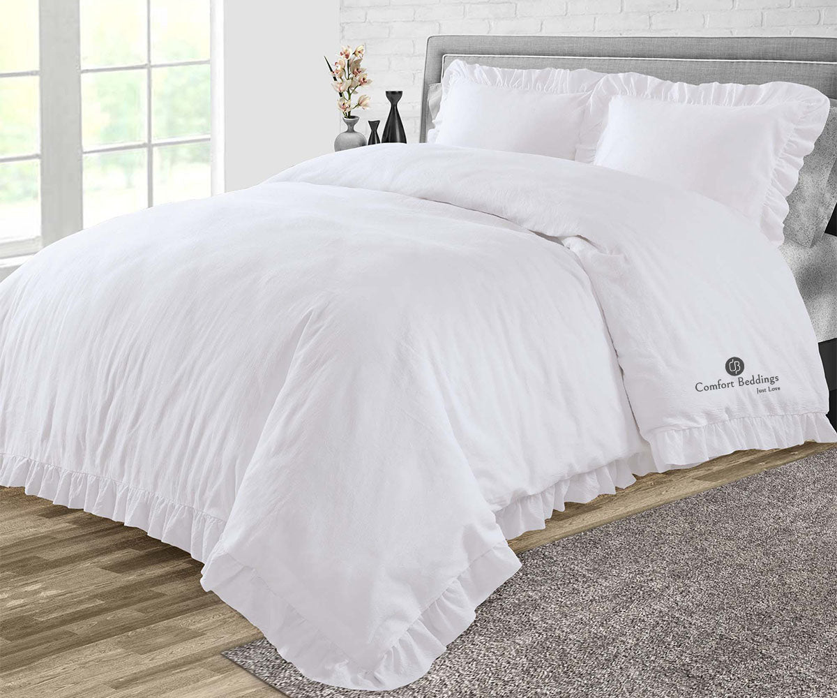 Comfort Beddings white trimmed ruffle duvet cover set
