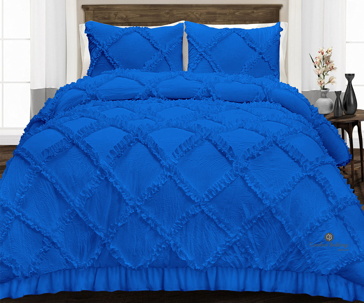 3Pc Royal Blue Diamond Ruffle Comforter Set — comfortbeddings-usa