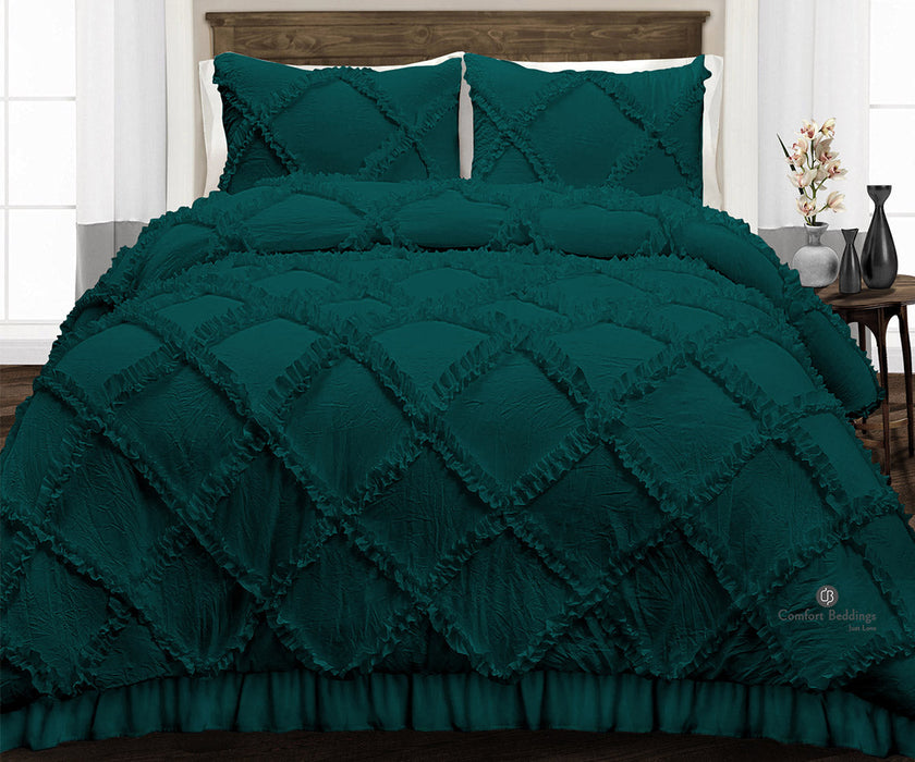 Luxury Teal Diamond Ruffle Comforter Set
