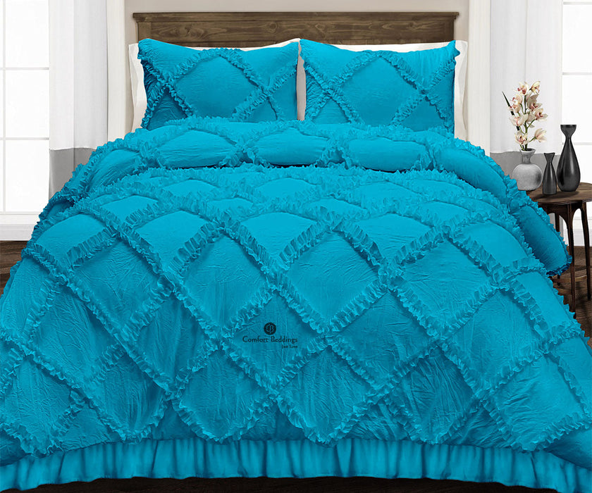 Luxurious Turquoise Blue diamond ruffled Duvet Cover And Pillowcases