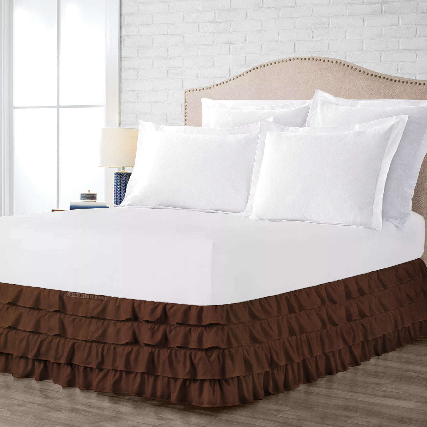 Egyptian cotton made chocolate waterfall ruffled bed skirt