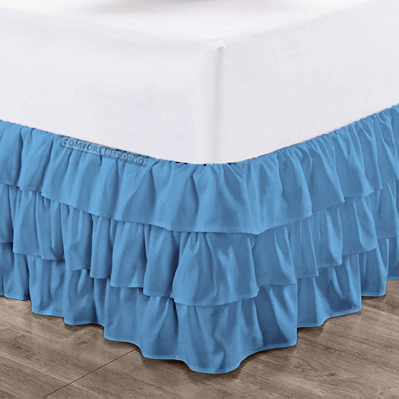 Mediterranean blue multi ruffled bed skirt