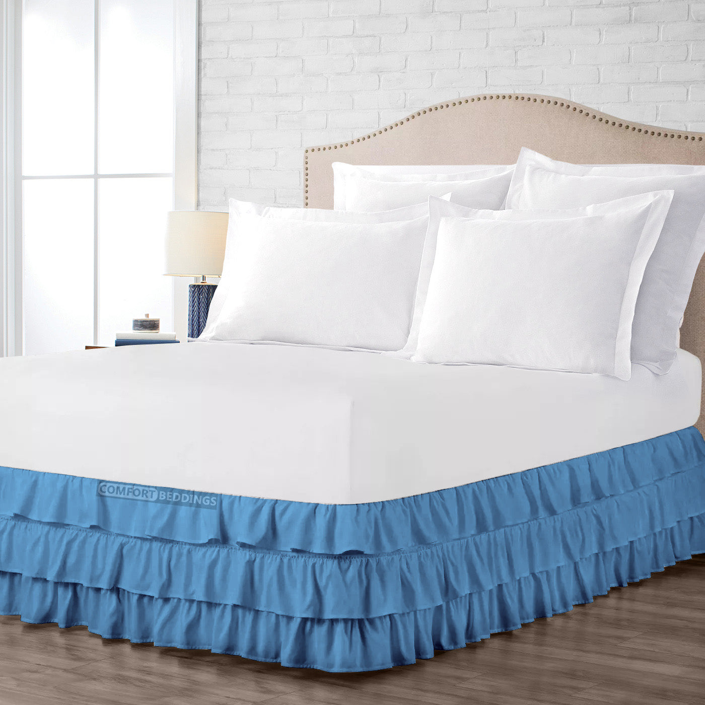 Mediterranean blue multi ruffled bed skirt