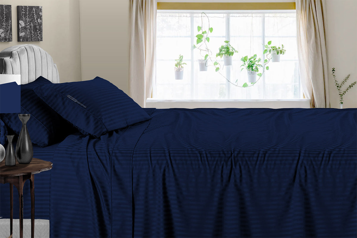 Luxury Navy Blue Stripe Sheet Set 100% Egyptian Cotton