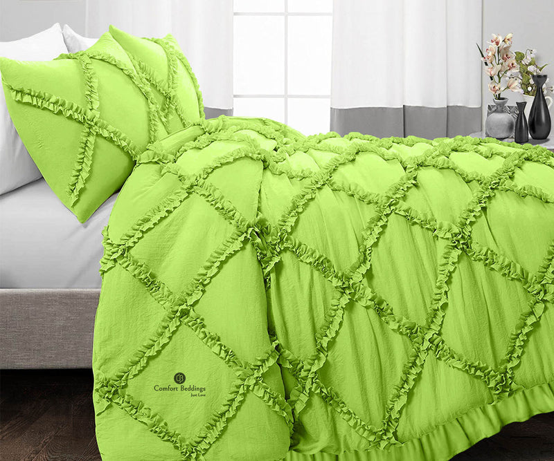 Luxurious Parrot Green diamond ruffled Duvet Cover And Pillowcases