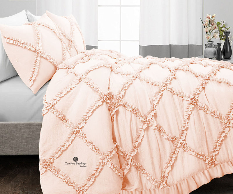 Peach Diamond Ruffled Duvet Cover Sets