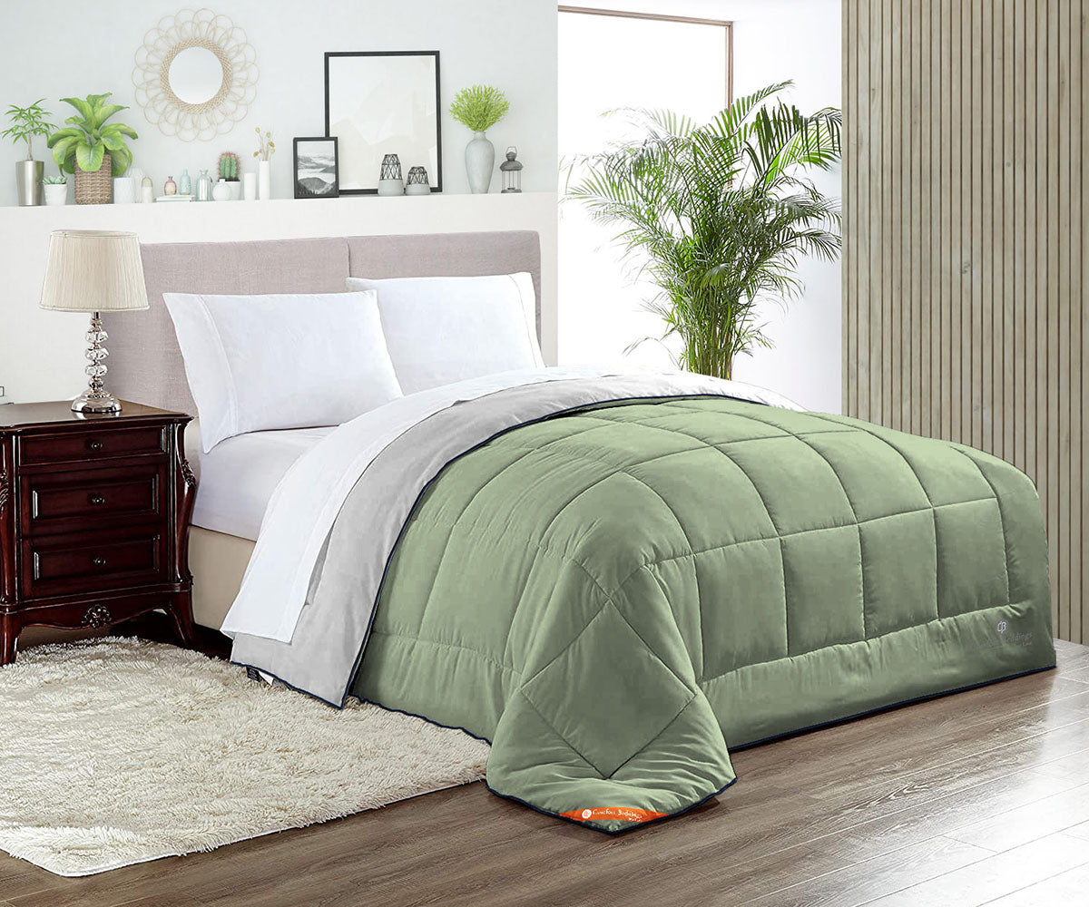Light grey and moss reversible comforter